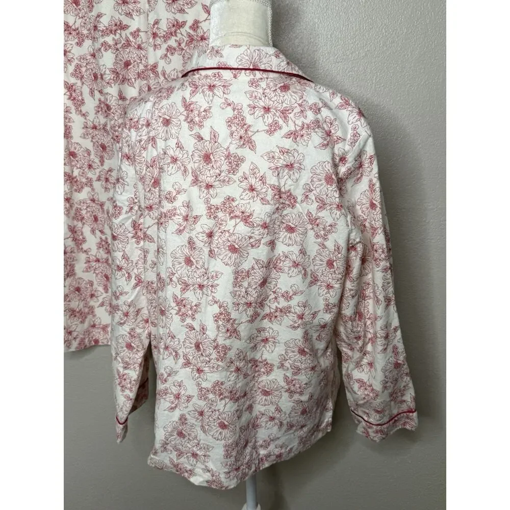Charter Club Size XL 100% Cotton Flannel Floral Pajama Set Red White PJs Womens